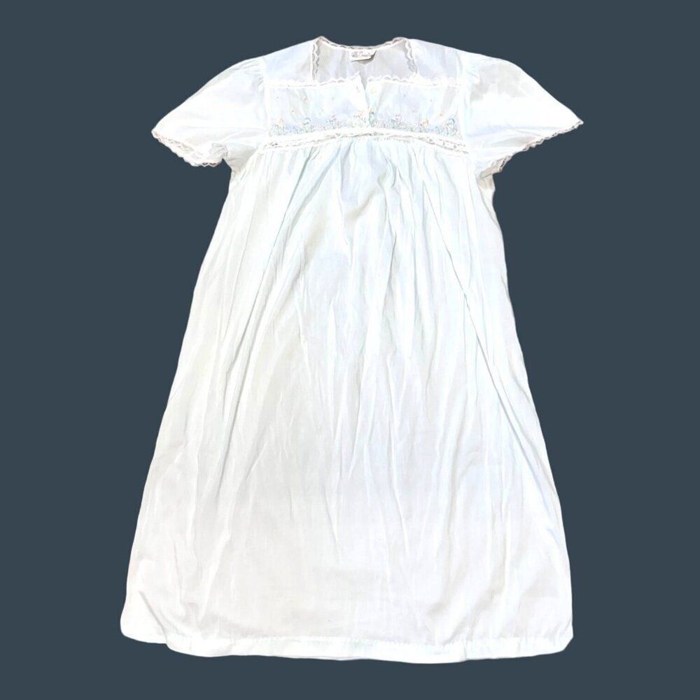 Vintage Little Character Light Blue Embroidered Gown S Lace Trim Puff Sleeves